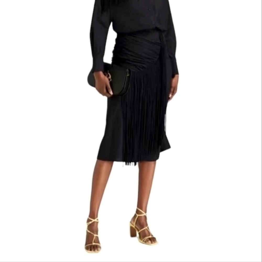 TORY BURCH COTTON SILK FRINGE MIDI SKIRT BLACK 2 - Picture 7 of 12